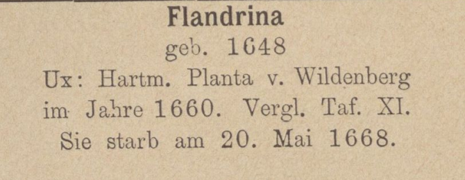 Screenshot aus einem gedruckten Buch. Text: Flandrina geb. 1648. Sie starb am 20. Mai 1668.