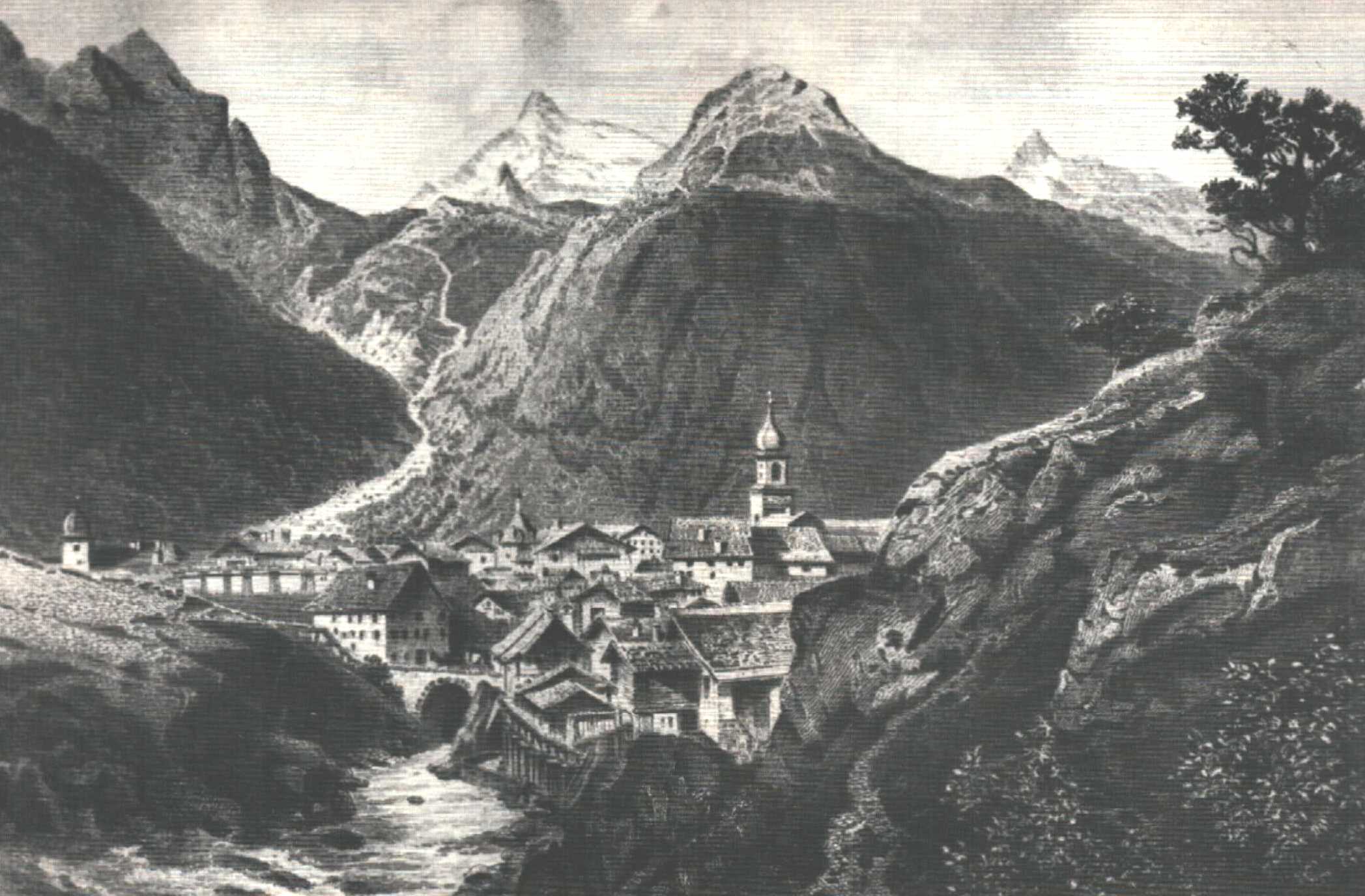 Ein alter Kupferstich, Ansicht von Bergün von Osten. Hinter dem Dorf sind die Berge Rugnux, Ela und Radond zu sehen.
